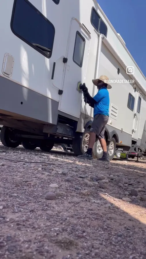Detailing the side of a fifth wheel RV